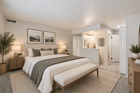 A bedroom with a large bed and two framed pictures on the wall.