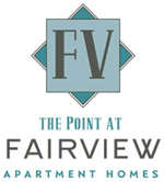 a blue and white logo for the point at fairview apartments
