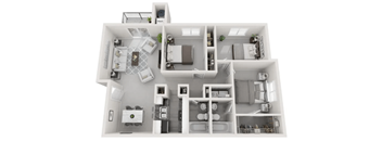 A 3D floor plan of a house with a kitchen, living room, and bathroom.