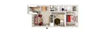 A top down view of a small apartment with a kitchen, living room, and bedroom.