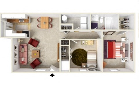 A top down view of a small apartment with a kitchen, living room, and bedroom.