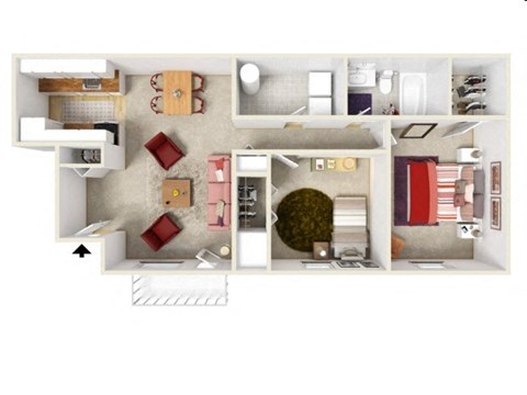 A top-down view of a house layout with a living room, kitchen, and bedrooms.
