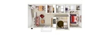 A floor plan of a house with a living room, kitchen, and bathroom.