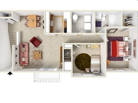 A floor plan of a house with a living room, kitchen, and bathroom.