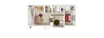 A top down view of a house layout with a living room, kitchen, and bedrooms.