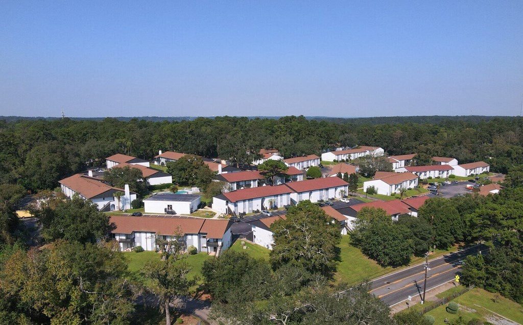 an aerial view of a cluster of houses and trees