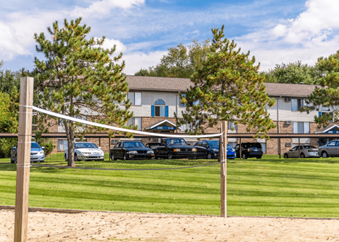 A volleyball net stands in the foreground of a grassy area with a row of houses and parked cars in the background.