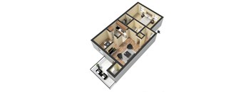 a 3d floor plan of a small apartment