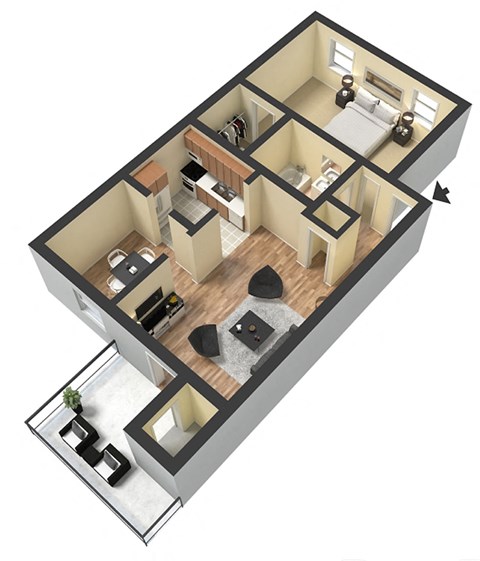 a 3d floor plan of a small apartment