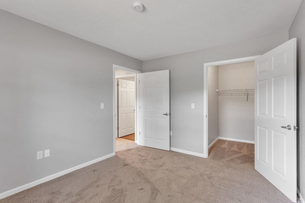 a bedroom with two closets and a door to a closet