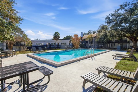 A pool surrounded by trees and a sunny sky.