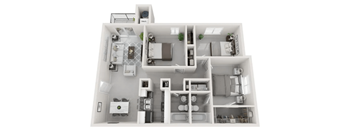 A 3D floor plan of a house with a kitchen, living room, and bathrooms.