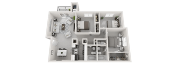 A 3D floor plan of a house with labeled rooms.