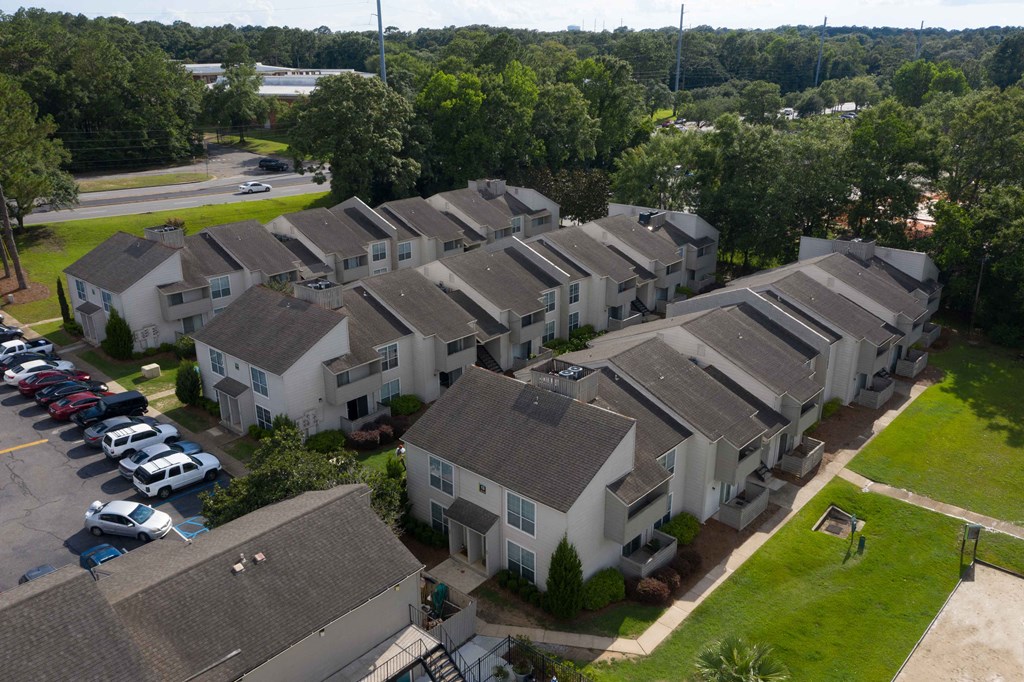 an aerial view of a large group of houses