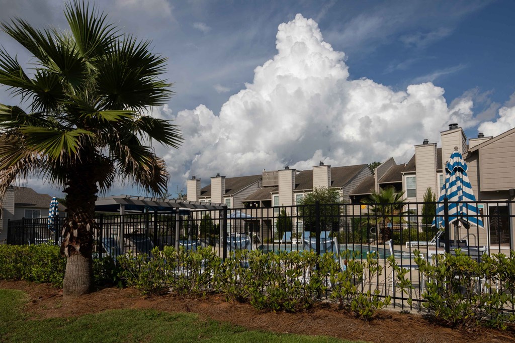 a row of houses with a pool and palm trees in the foreground