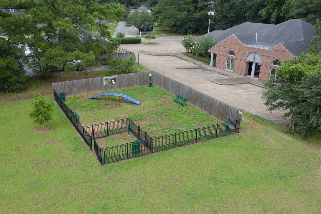 a backyard with a grassy area and a trampoline
