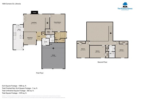 A floor plan for a two-story home with a living room, dining room, kitchen, and two bedrooms.
