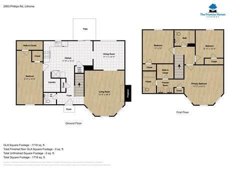 A floor plan for a home by The Promises Company shows a first floor with a living room, dining room, kitchen, and a laundry room, and a ground floor with a garage, utility room, and a pantry.