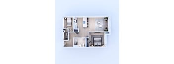 A top-down view of a modern apartment layout with a kitchen, living room, and bedrooms.