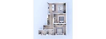 A modern apartment layout with a living room, kitchen, and two bedrooms.