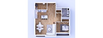 A top-down view of a small apartment with a kitchen, living room, and bedroom.
