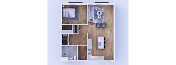 A top-down view of a room with a bed, couch, chairs, and a kitchen area.