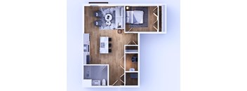 A top-down view of a modern living room with a dining area and kitchen.