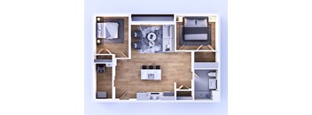 A top-down view of a small apartment with a living area, kitchen, and two bedrooms.