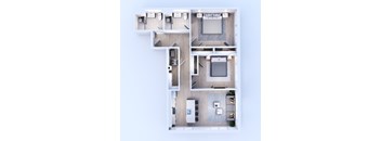 A top-down view of a modern apartment layout with a kitchen, living room, and bedrooms.