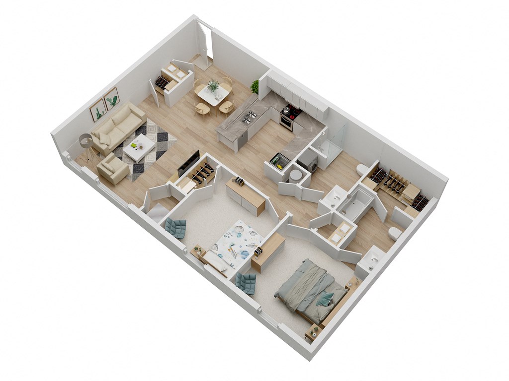 a 3d floor plan of a home with a bedroom and a living room