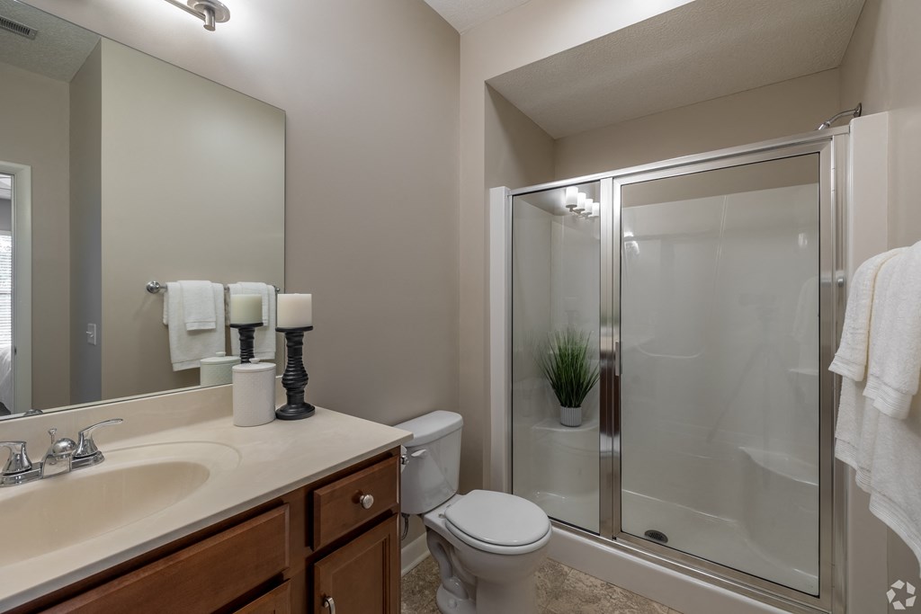 a bathroom with a shower toilet and sink and a mirror