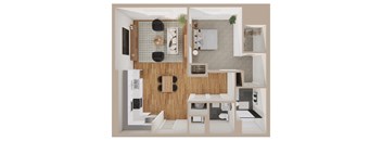 A modern bathroom with a wooden vanity and white fixtures.