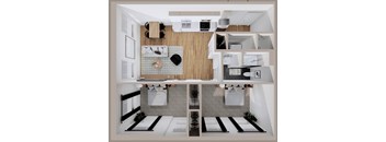 A modern, minimalist kitchen with a central island and a dining area.