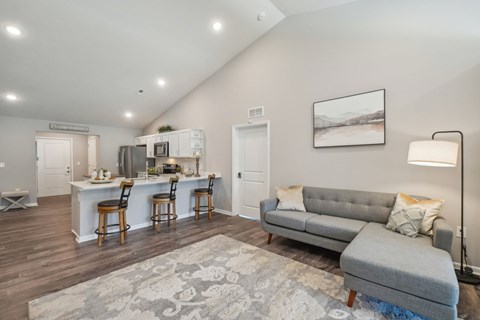 A well-lit, spacious living room with a grey sofa and a kitchen area in the background.
