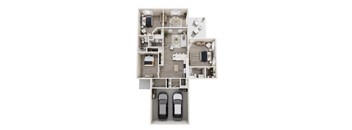 A top-down view of a house layout with two bedrooms, a living room, a kitchen, a dining area, and a garage with two cars.