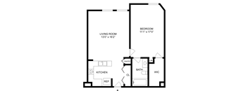 A floor plan of a house with a living room, kitchen, bathroom, and bedroom.