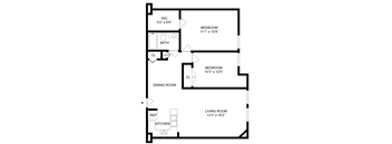 A floor plan of a living space with a kitchen, dining room, and two bedrooms.