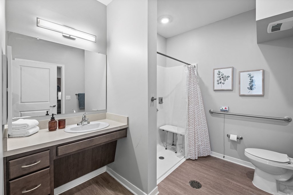 a bathroom with a shower sink and toilet and a mirror