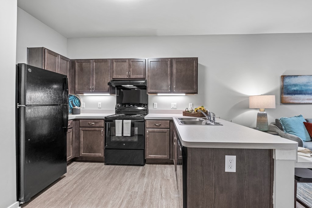 a kitchen with black appliances and wooden cabinets