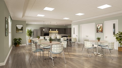 A modern dining room with a large table and chairs.