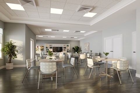 A modern dining room with a large table and chairs. at Divinity Landing Apartments, Macedonia, OH, 44056