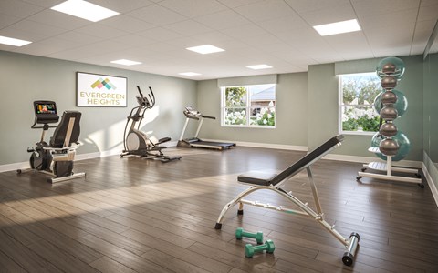A gym with a variety of equipment including a treadmill, weights, and a bench press. at Evergreen Heights Apartments, Toledo, OH, 43614