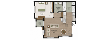 A floor plan of a cottage style one bedroom apartment, with a living room, kitchen, bathroom, laundry, and bedrooms.