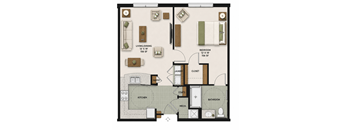 A floor plan of a house with a living room, dining room, kitchen, pantry, bathroom, and bedroom.