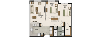 A floor plan of a house with two bedrooms, a living room, a kitchen, a bathroom, a pantry, a laundry room, and a closet.