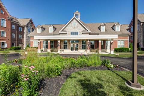 Living community clubhouse with landscaped entrance at Avondale Senior Village Apartments, Dublin