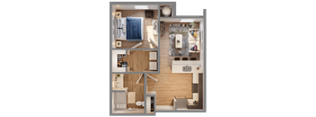 A 3D floor plan of a small apartment with a bedroom, bathroom, kitchen, and living room.