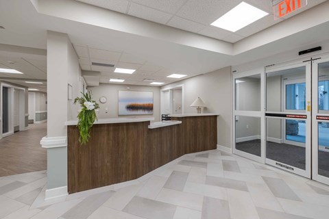 A reception area with a wooden counter and a green plant.
