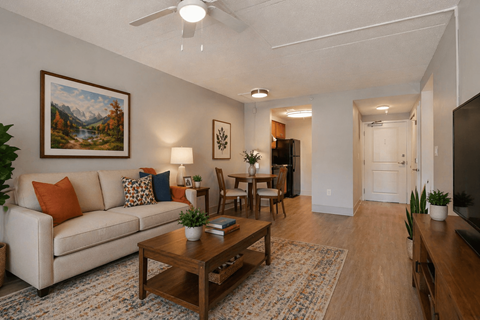 A living room with a couch, a coffee table, and a painting on the wall.
