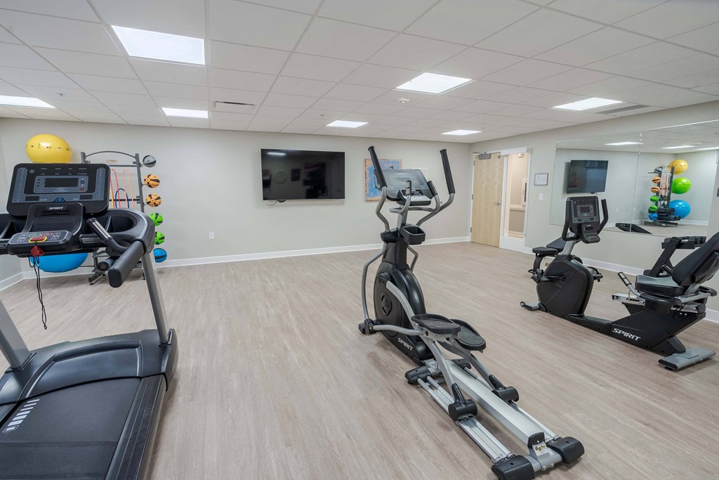 A gym with treadmills, elliptical machines, and other exercise equipment.